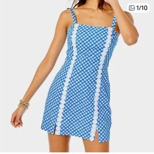 Lilly Pulitzer Lawless Blue Gingham Sleeveless romper Dress with White Trim, 0